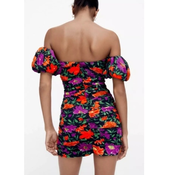 Zara Bloggers Favorite Floral Print Off The Shoulder Puff Sleeve Mini Dress S - Picture 16 of 16